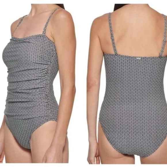 DKNY Bandeau Maillot One Piece Swimsuit Black & White Geometric Print size large - Picture 1 of 15